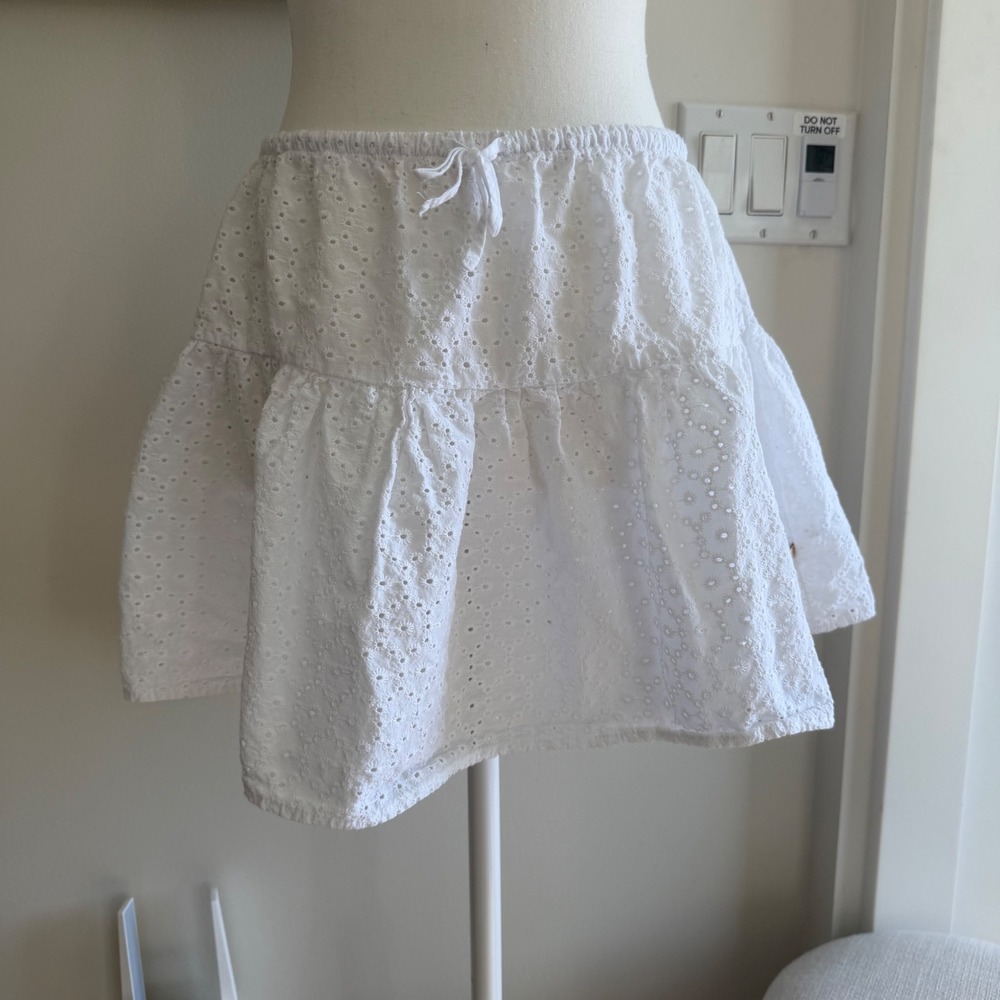La Vie en Rose Aqua White Cotton Eyelet Tiered Mini Skirt Medium Beachy Boho